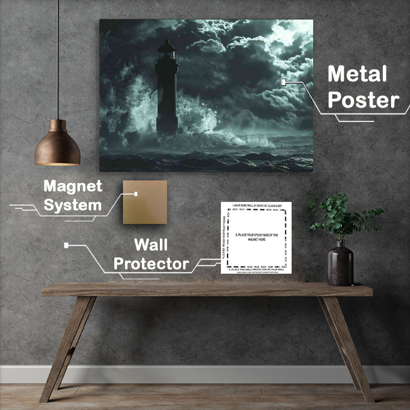 Buy Metal Poster : (Lighthouse waves crashing againsed the rocks)