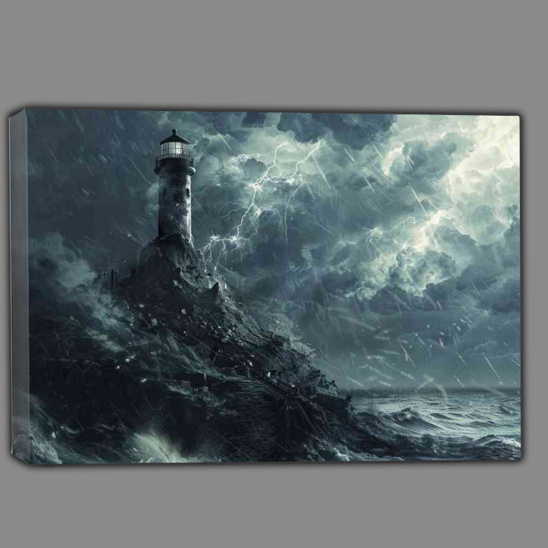 Buy Canvas : (Stormy clouds Lightning and lighthouse on an island)