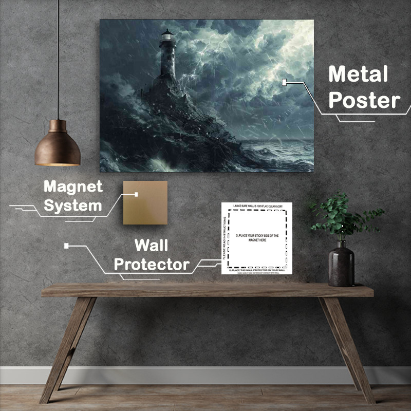 Buy Metal Poster : (Stormy clouds Lightning and lighthouse on an island)