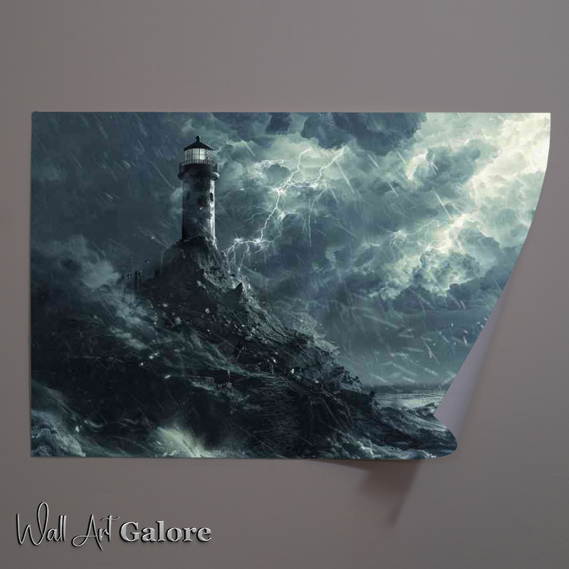 Buy Unframed Poster : (Stormy clouds Lightning and lighthouse on an island)