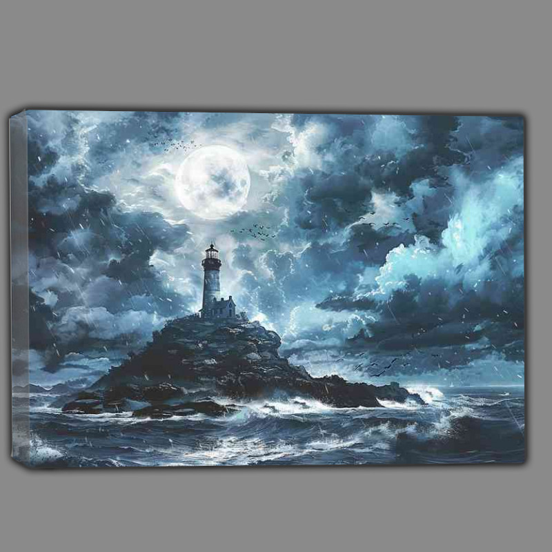Buy Canvas : (Stormy clouds with a lighthouse on an island)