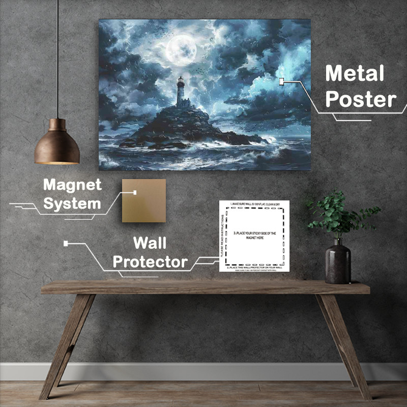 Buy Metal Poster : (Stormy clouds with a lighthouse on an island)