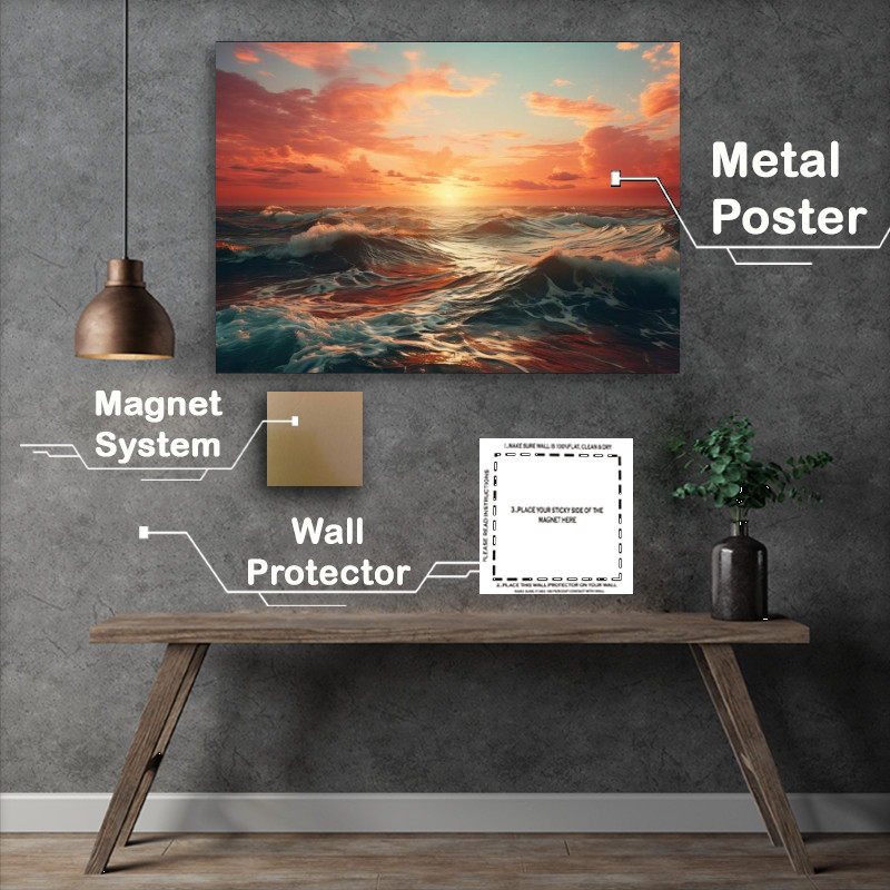 Buy Metal Poster : (Sunset behing the ocean waves)