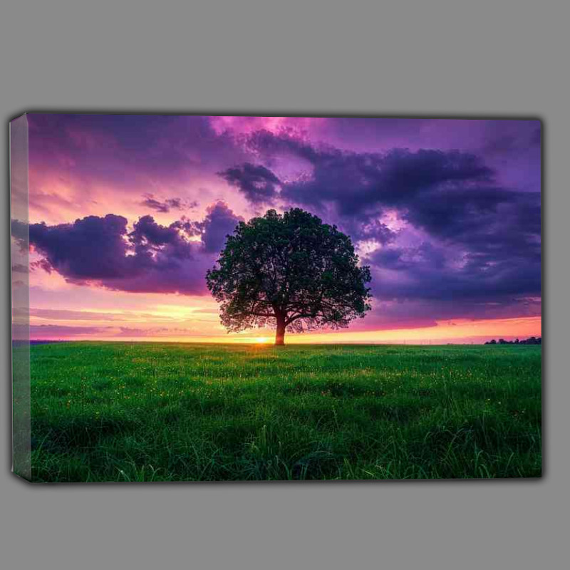 Buy Canvas : (A Signle Tree and green fiels with purple skys)