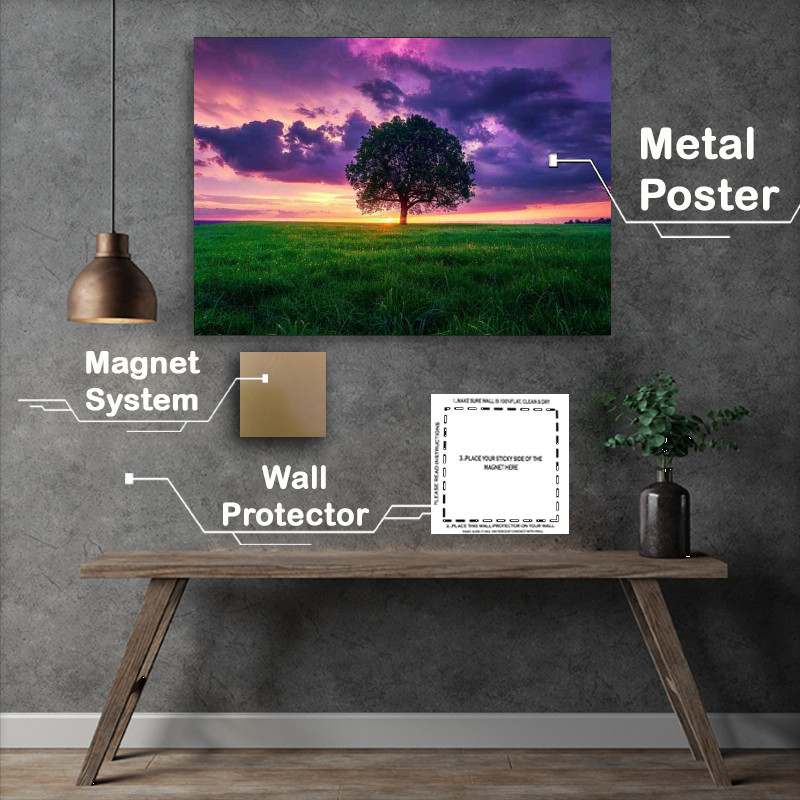 Buy Metal Poster : (A Signle Tree and green fiels with purple skys)