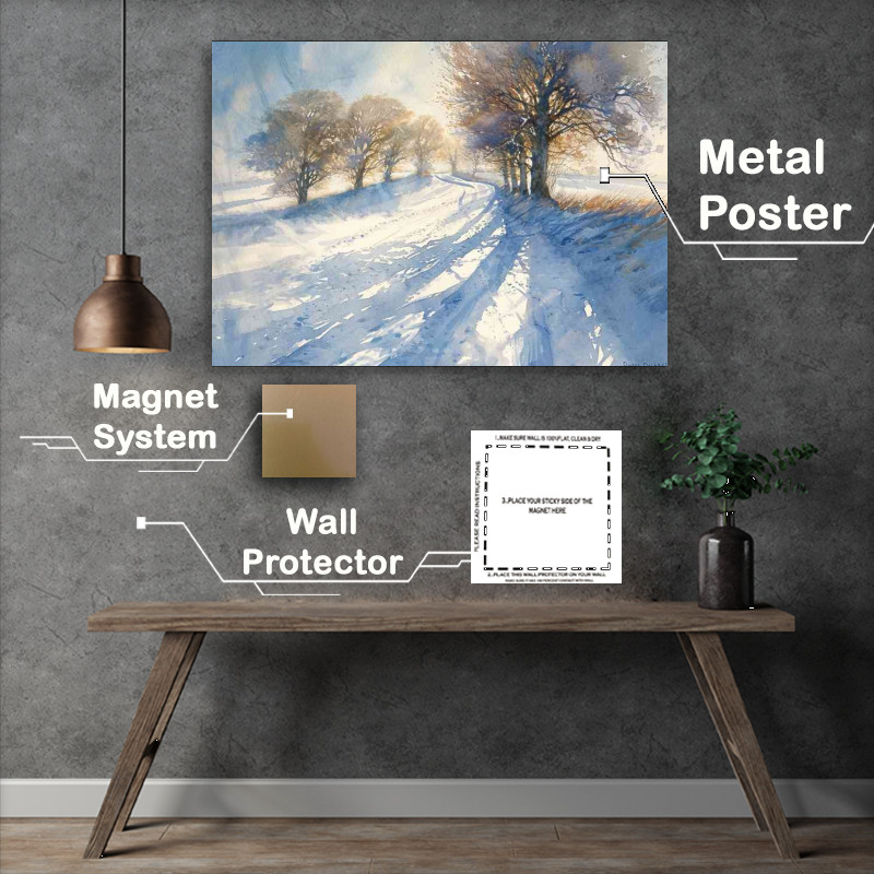 Buy Metal Poster : (Painting style winter trees rising sun)