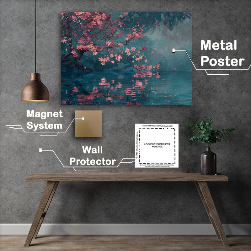 Buy Metal Poster : (Tree and flowers in a scene of water)