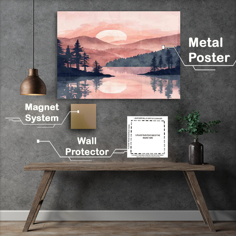 Buy Metal Poster : (A beautiful digital illustration of the silhouette lake)