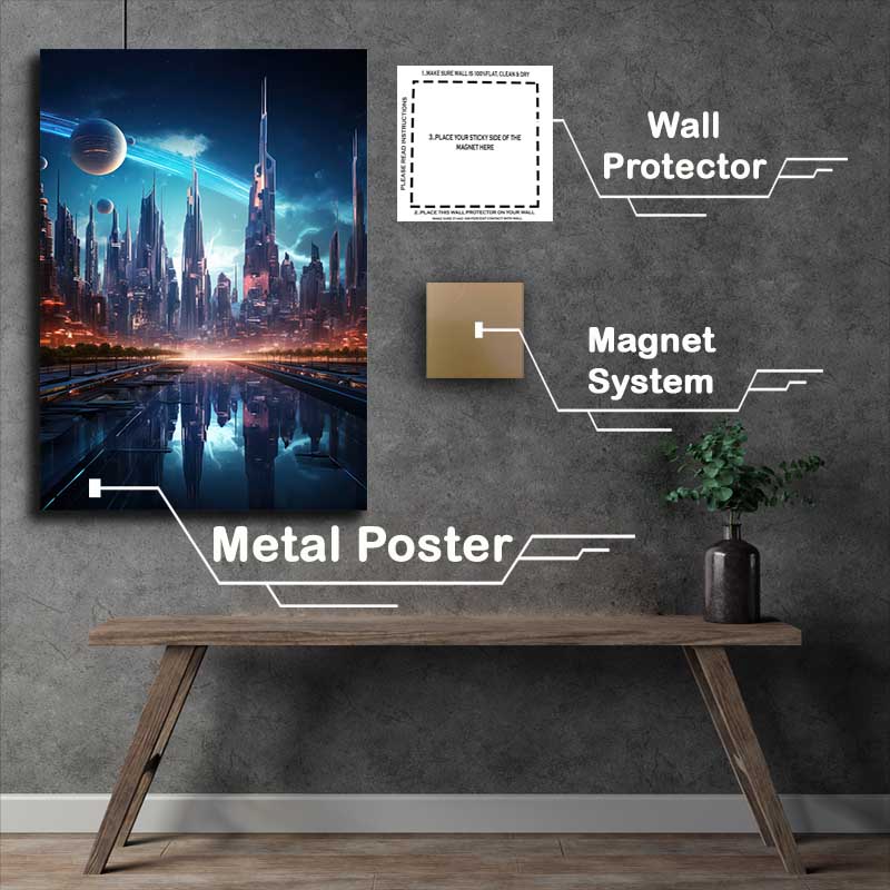 Buy Metal Poster : (Futuristic city with neon lights shown above the city)