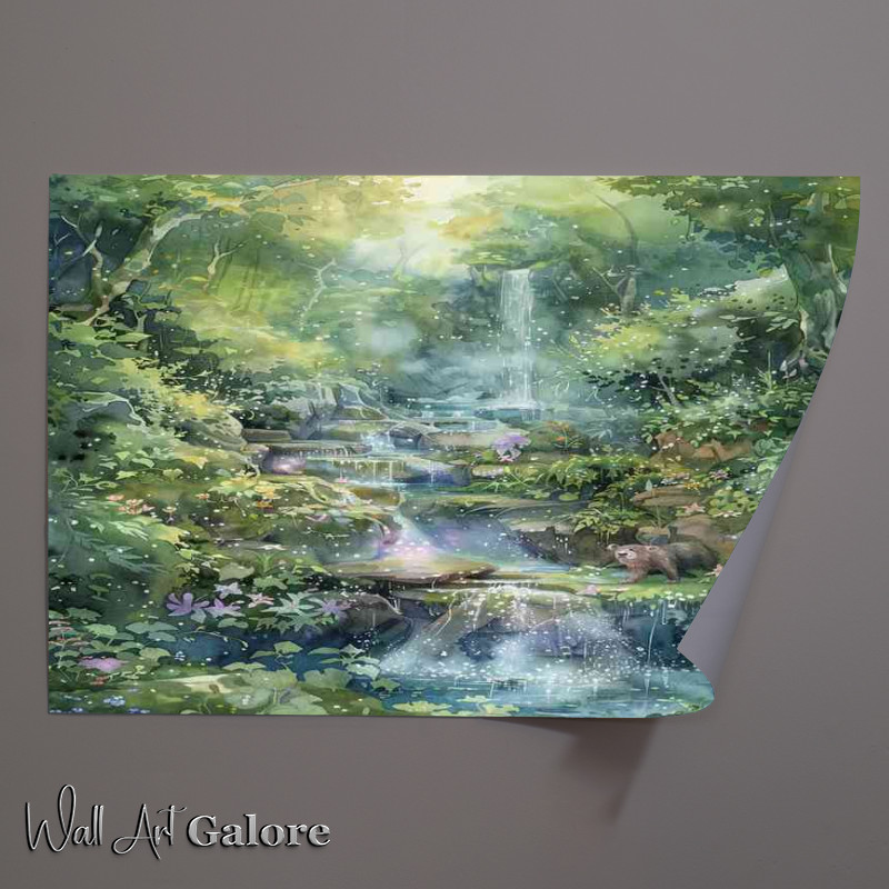 Buy Unframed Poster : (A whimsical watercolor enchanted waterfall)