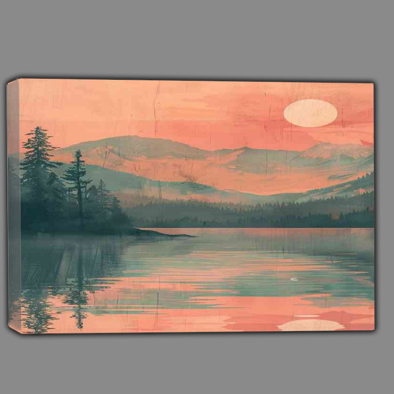 Buy Canvas : (Watercolour mountains by the lake and setting sun)