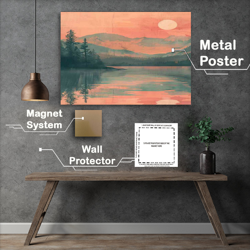 Buy Metal Poster : (Watercolour mountains by the lake and setting sun)