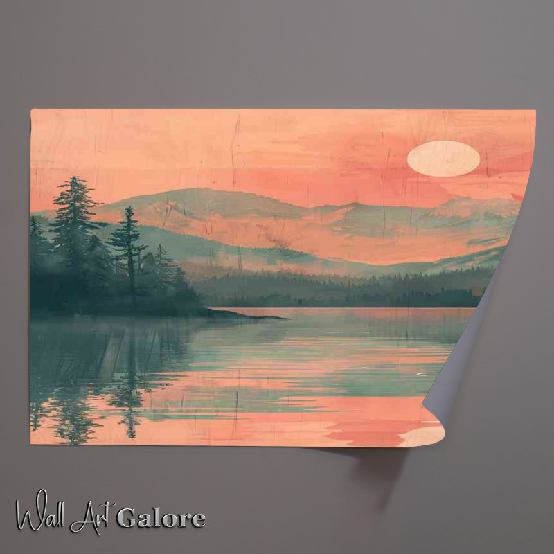 Buy Unframed Poster : (Watercolour mountains by the lake and setting sun)