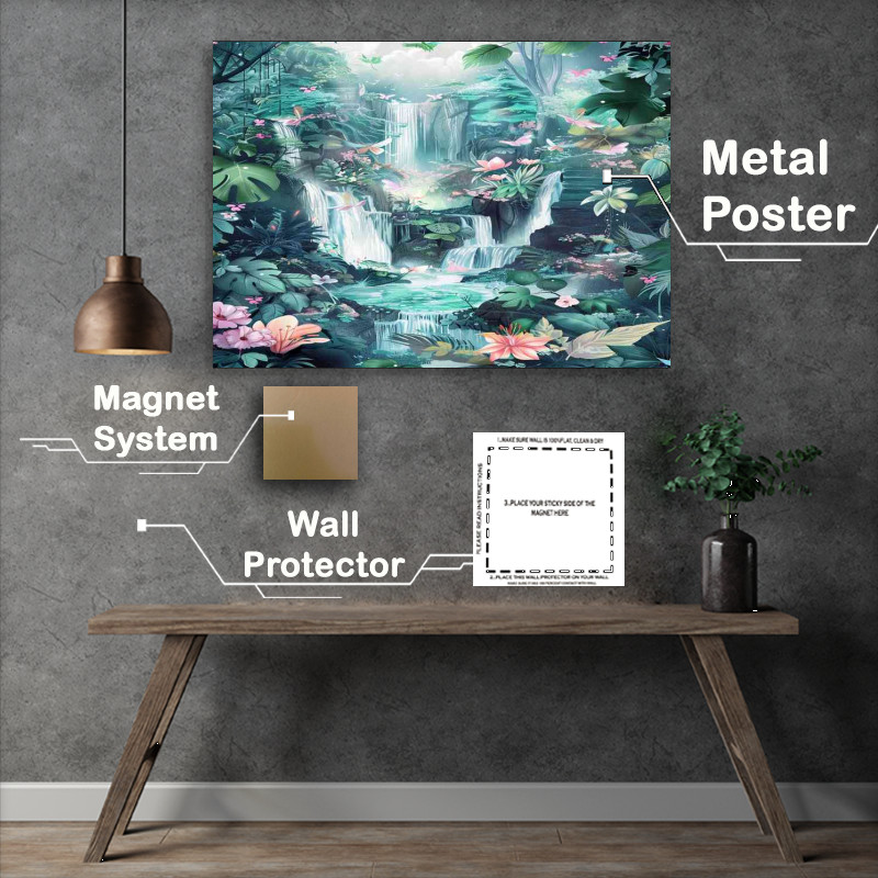 Buy Metal Poster : (Whimsical watercolor butterflies and waterfalls)