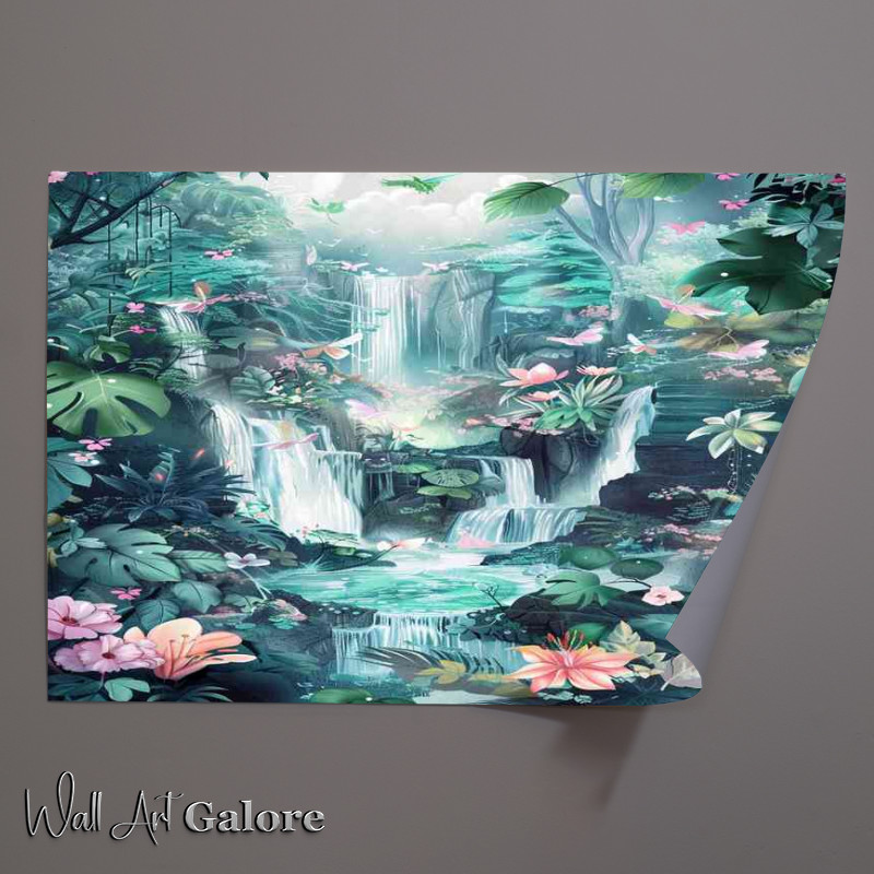 Buy Unframed Poster : (Whimsical watercolor butterflies and waterfalls)