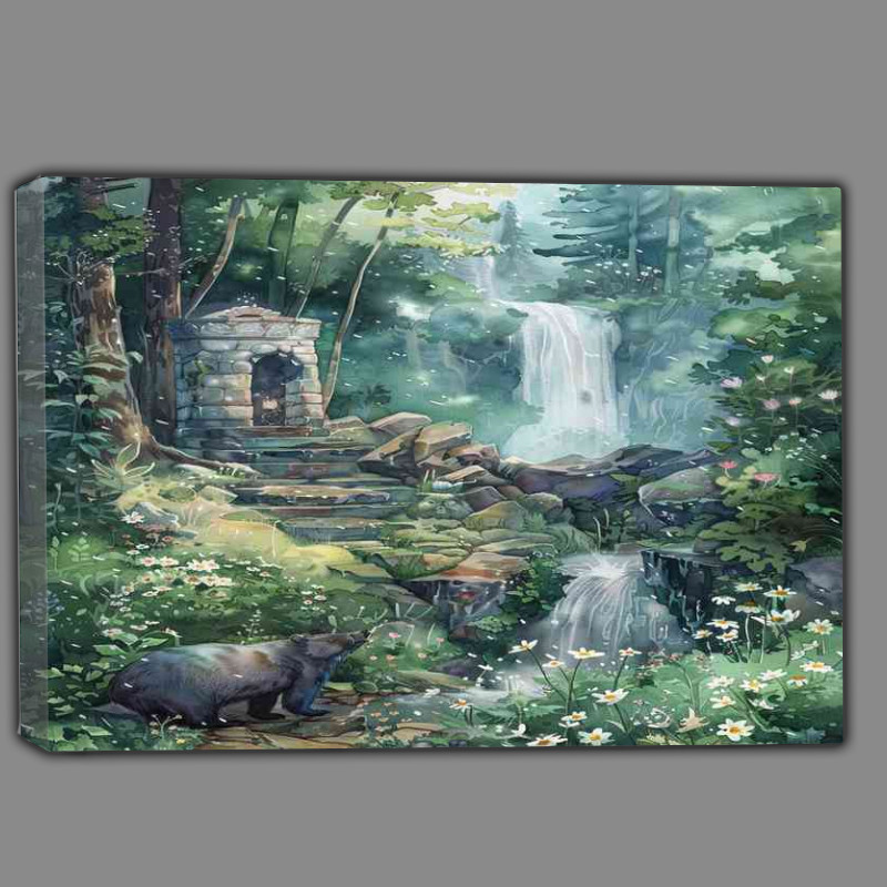Buy Canvas : (Whimsical watercolor of the bear and the waterfall)