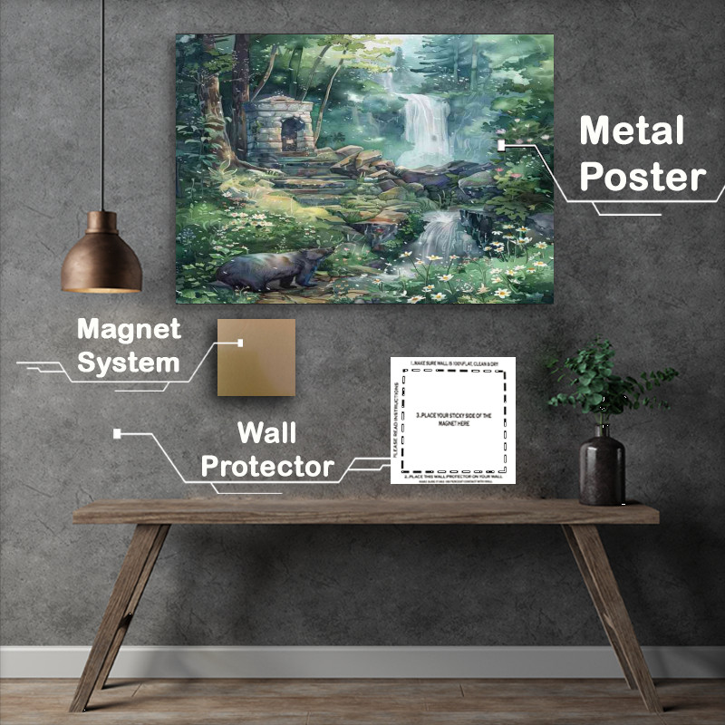 Buy Metal Poster : (Whimsical watercolor of the bear and the waterfall)