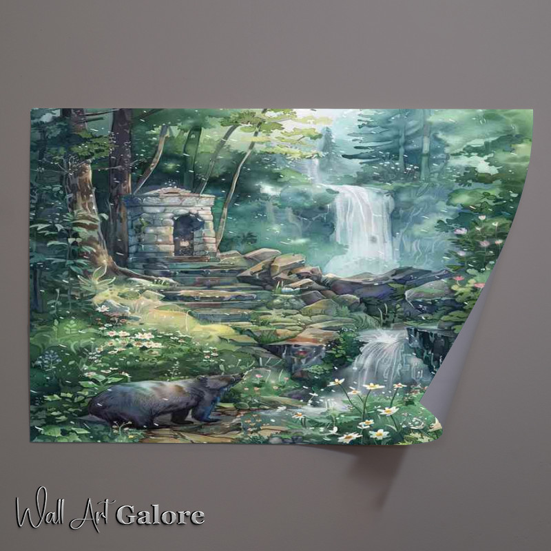 Buy Unframed Poster : (Whimsical watercolor of the bear and the waterfall)