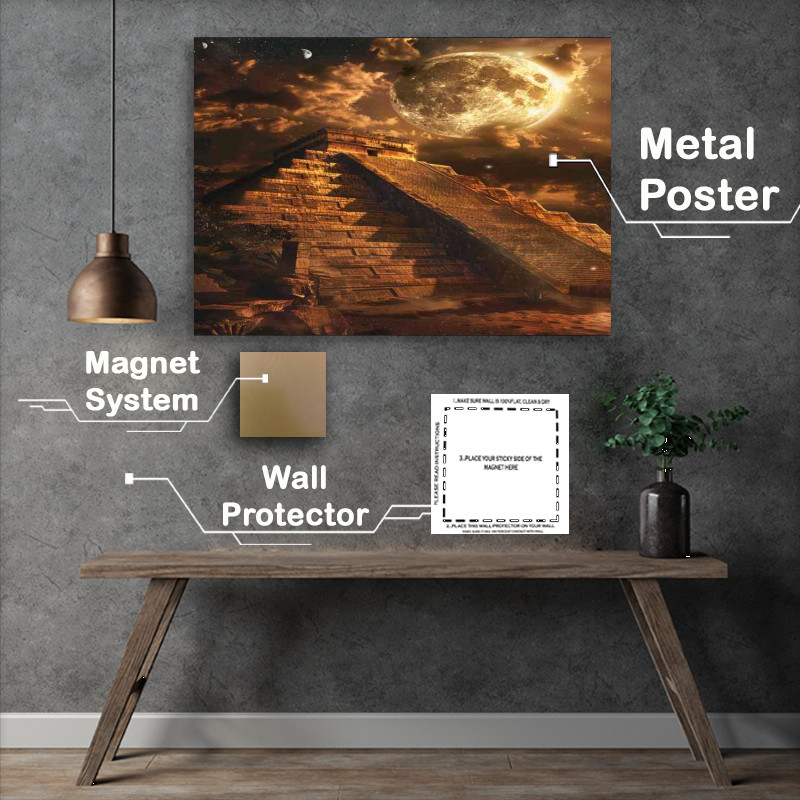 Buy Metal Poster : (Egyptian pyramid with the moon above at night)