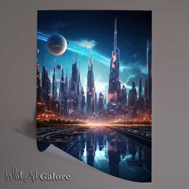 Buy Unframed Poster : (Futuristic city with neon lights shown above the city)