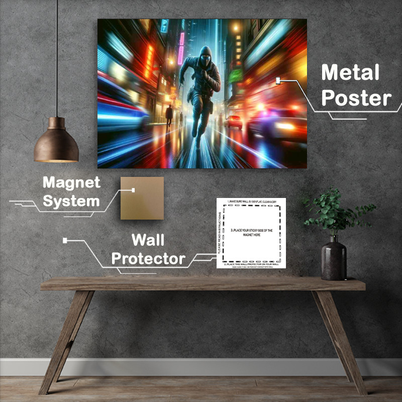 Buy Metal Poster : (Action packed chase through a bustling metropolis at dusk)