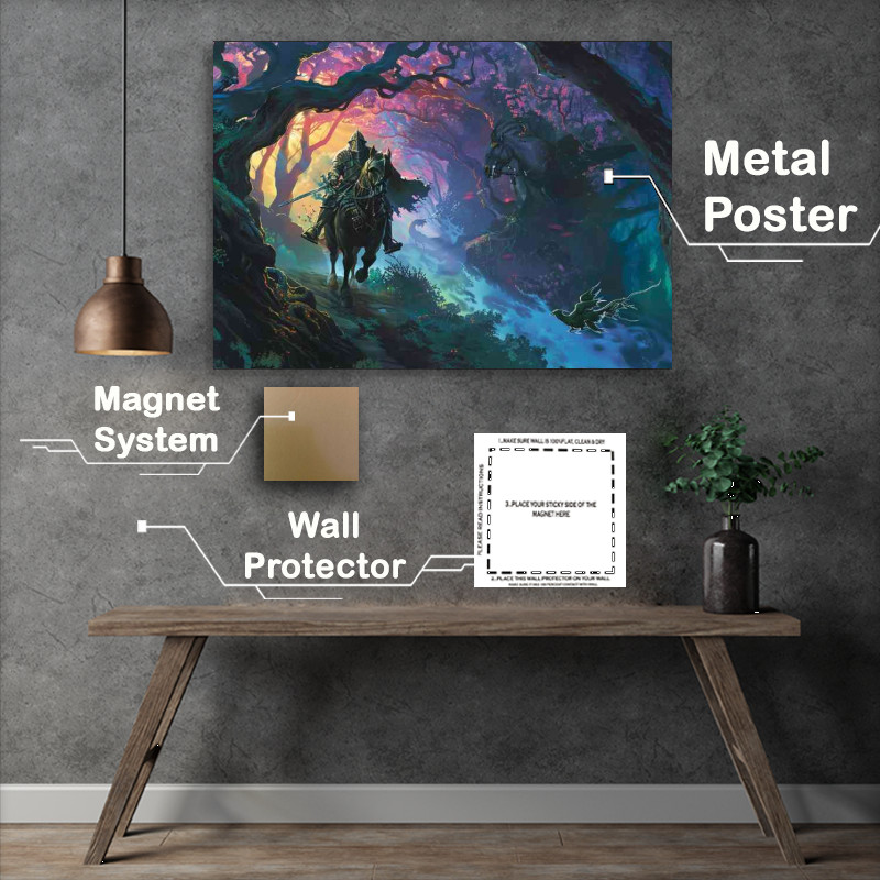 Buy Metal Poster : (Knight on horseback rides through an enchanted forest)