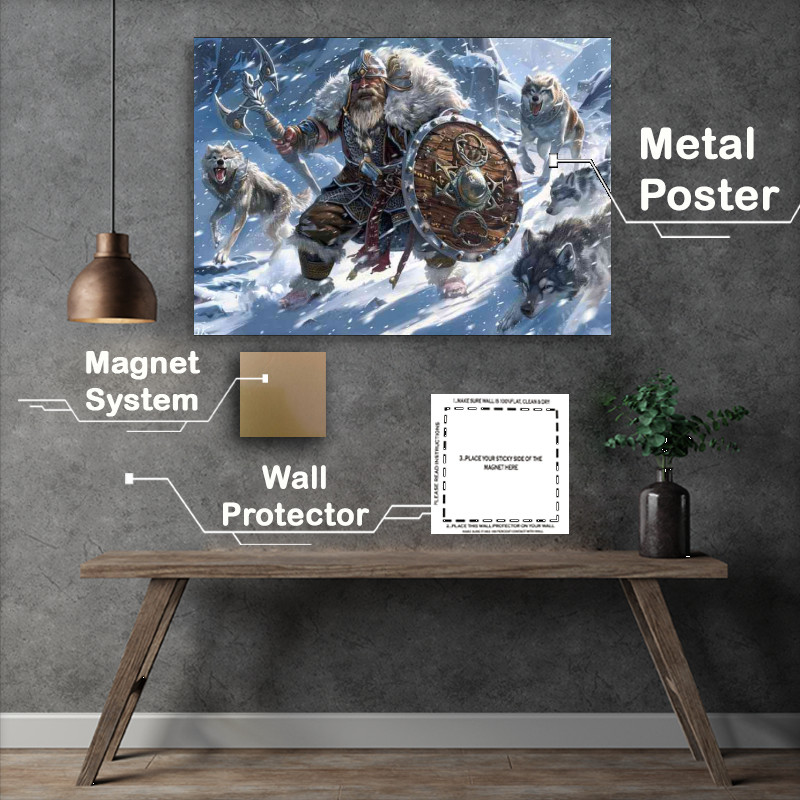 Buy Metal Poster : (Norse Dwarf with a sword and pack of Wolfs)