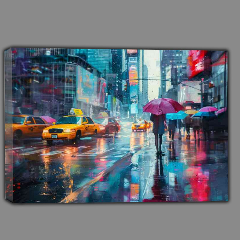 Buy Canvas : (City street people with umbrellas walking)