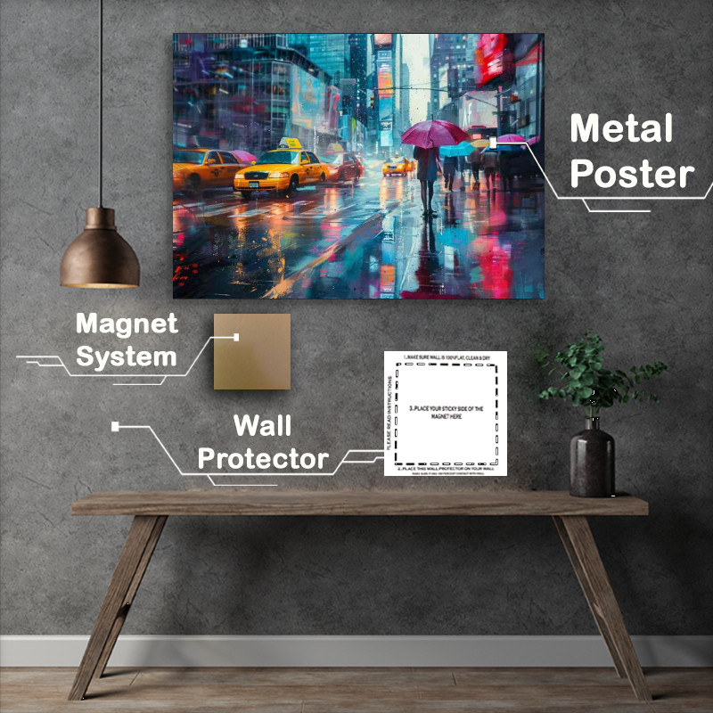 Buy Metal Poster : (City street people with umbrellas walking)