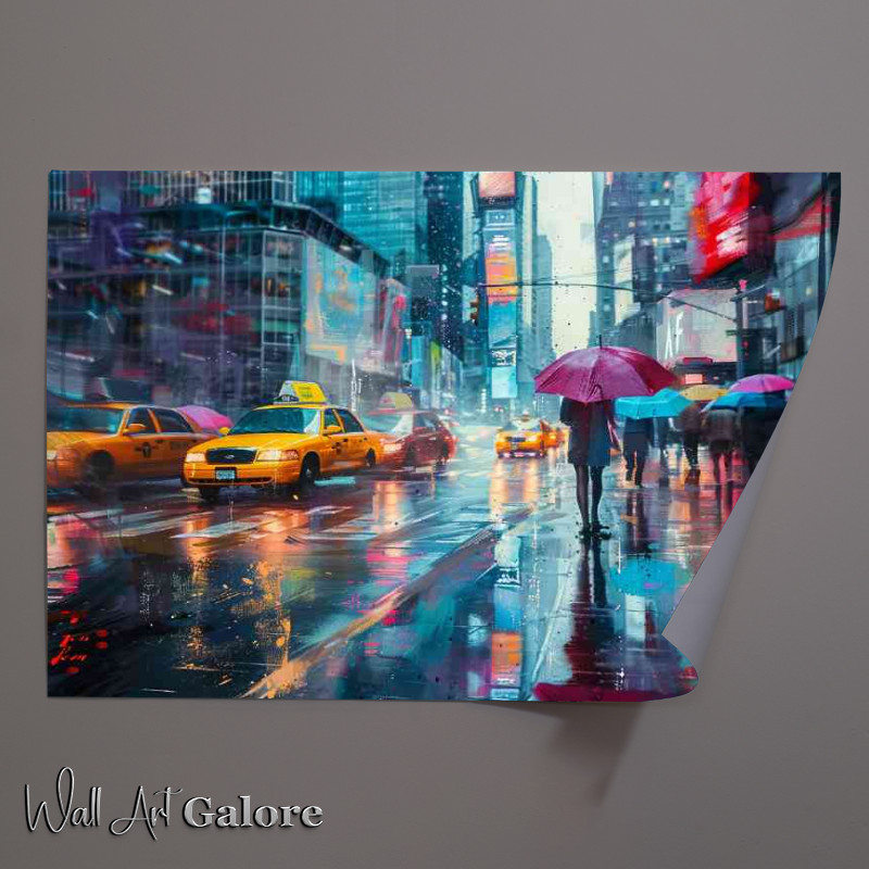 Buy Unframed Poster : (City street people with umbrellas walking)