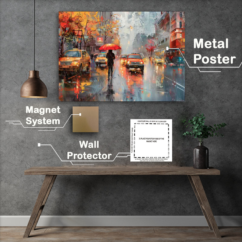 Buy Metal Poster : (City street rainy day with cabs)