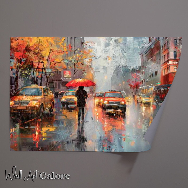 Buy Unframed Poster : (City street rainy day with cabs)