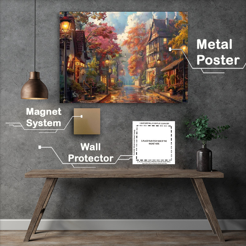 Buy Metal Poster : (Street with lamp posts autumn trees)