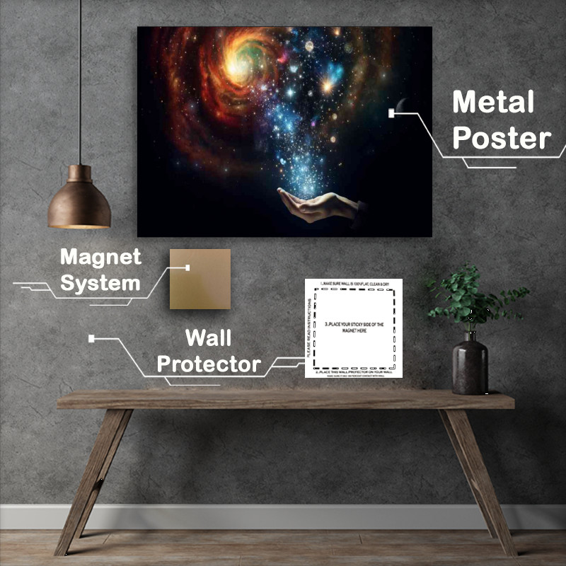 Buy Metal Poster : (Hand of stars and nebulae into the dark expanse of space)