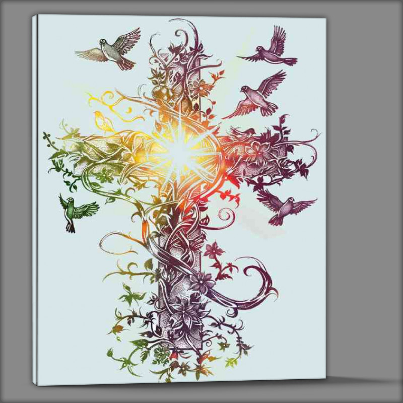 Buy Canvas : (A cross made of vines and flowers with doves flying)