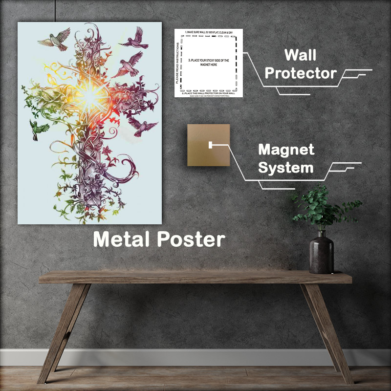 Buy Metal Poster : (A cross made of vines and flowers with doves flying)