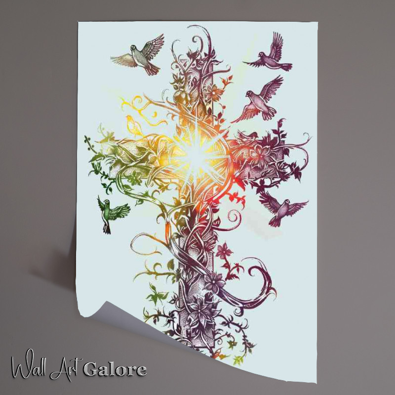 Buy Unframed Poster : (A cross made of vines and flowers with doves flying)