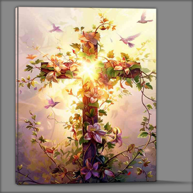 Buy Canvas : (A cross made of vines and flowers with the sun shining)