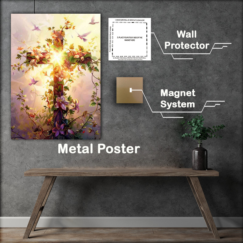 Buy Metal Poster : (A cross made of vines and flowers with the sun shining)