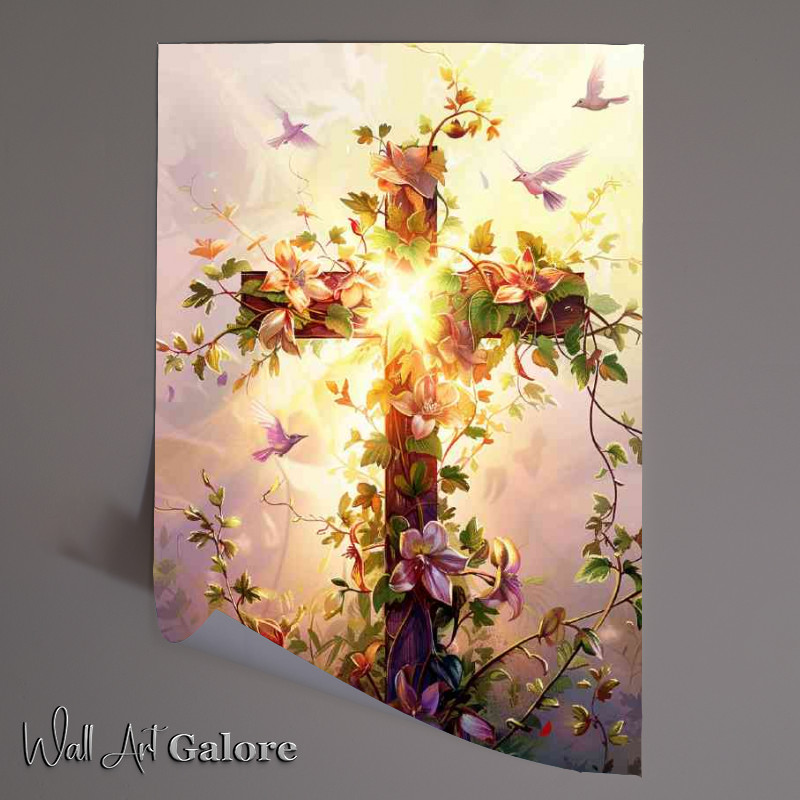 Buy Unframed Poster : (A cross made of vines and flowers with the sun shining)
