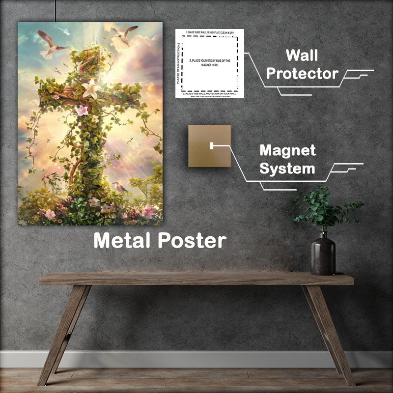 Buy Metal Poster : (A cross made with flowers and the sun)