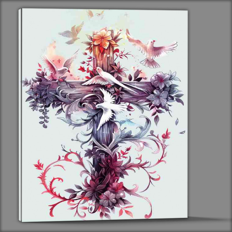 Buy Canvas : (Cross made of flowers with doves flying)