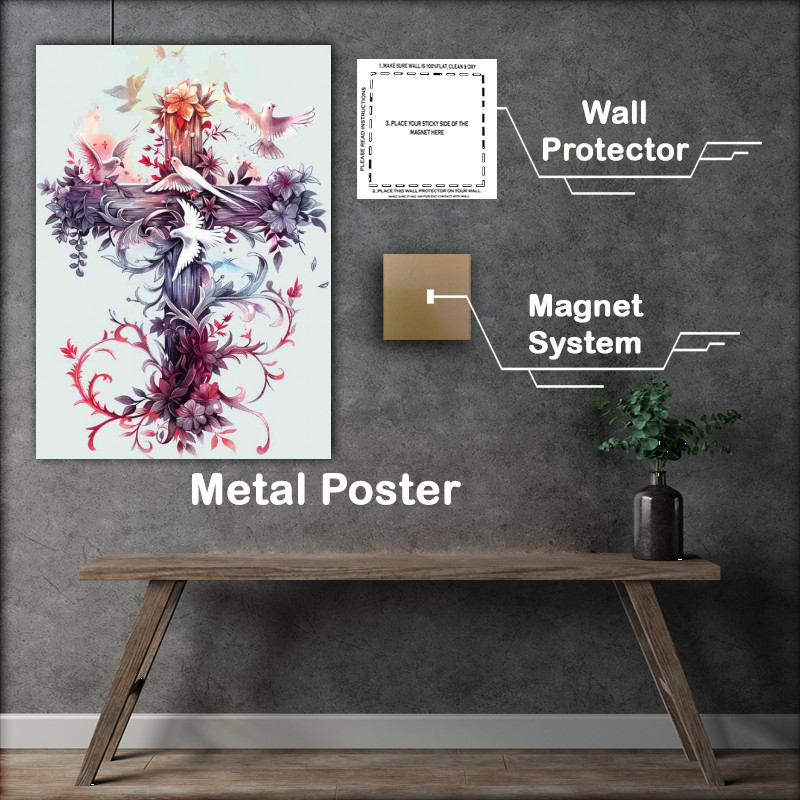 Buy Metal Poster : (Cross made of flowers with doves flying)