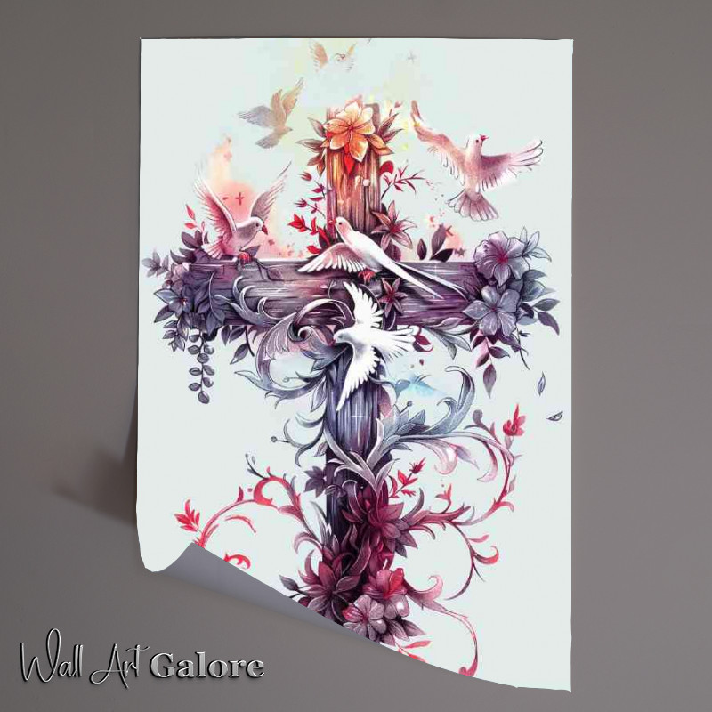 Buy Unframed Poster : (Cross made of flowers with doves flying)