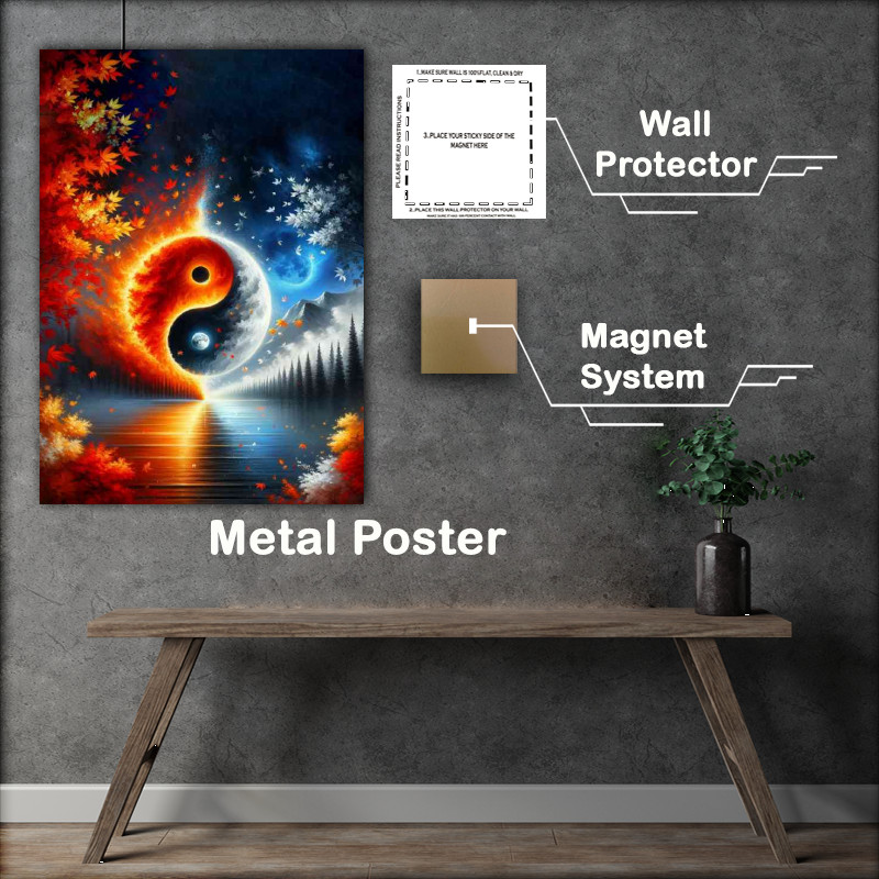 Buy Metal Poster : (Yin and Yang symbol with a fusion of fiery autumn leaves)
