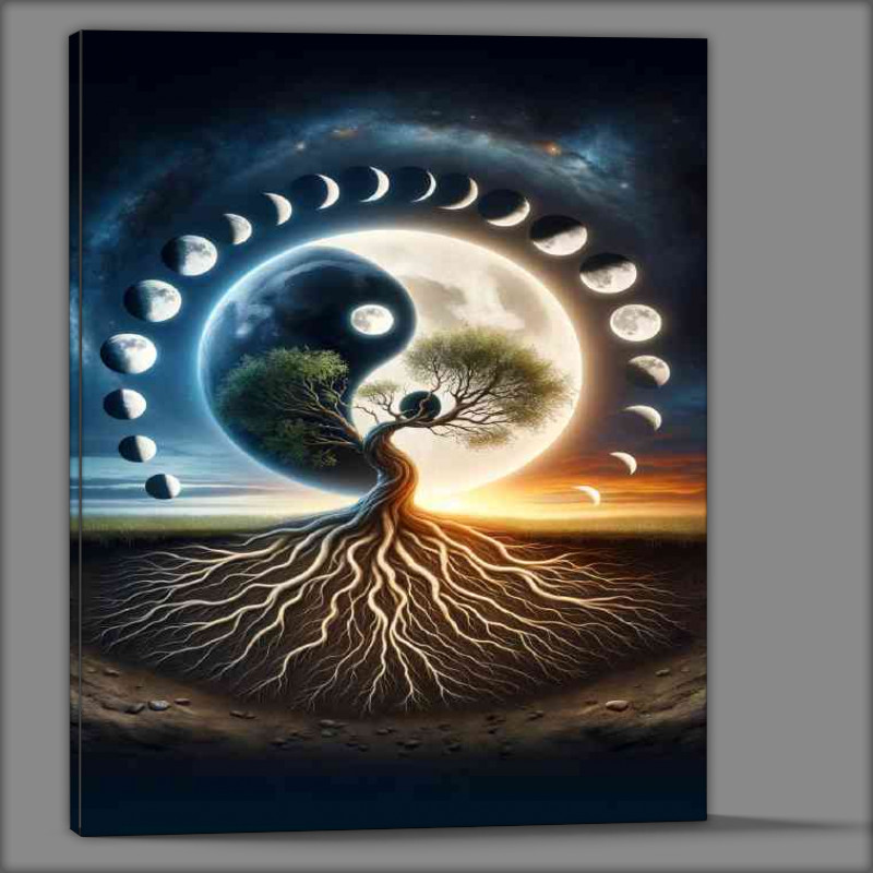 Buy Canvas : (Yin and Yang symbol with the life cycle of a tree depicting its roots)
