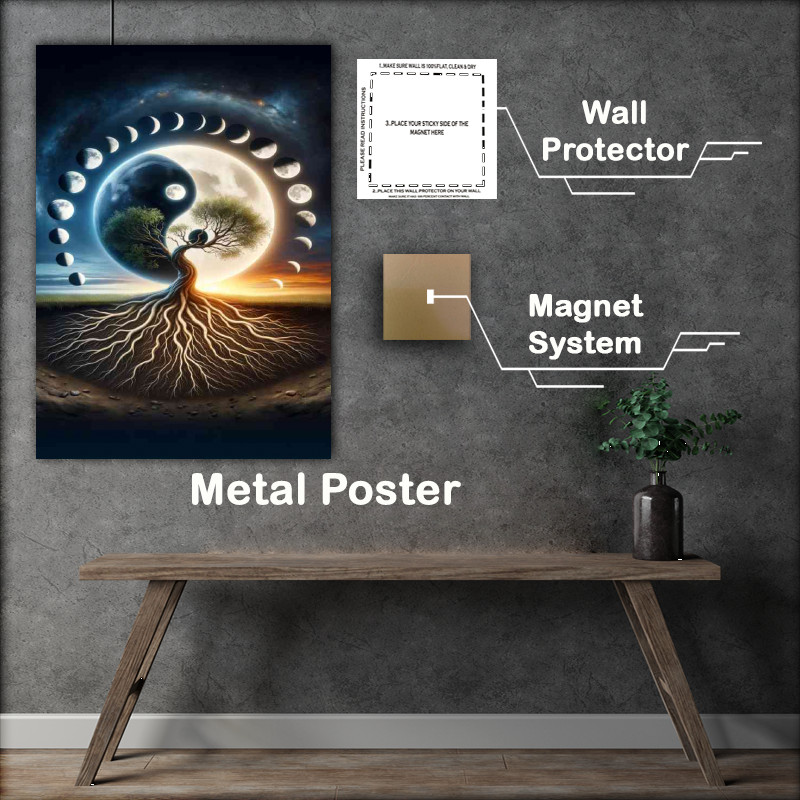 Buy Metal Poster : (Yin and Yang symbol with the life cycle of a tree depicting its roots)