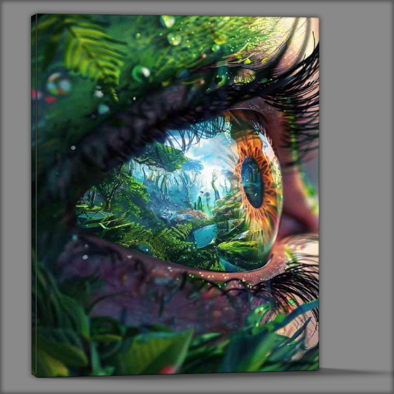 Buy Canvas : (Closeup of an eye reflects the vibrant colors and jungle)