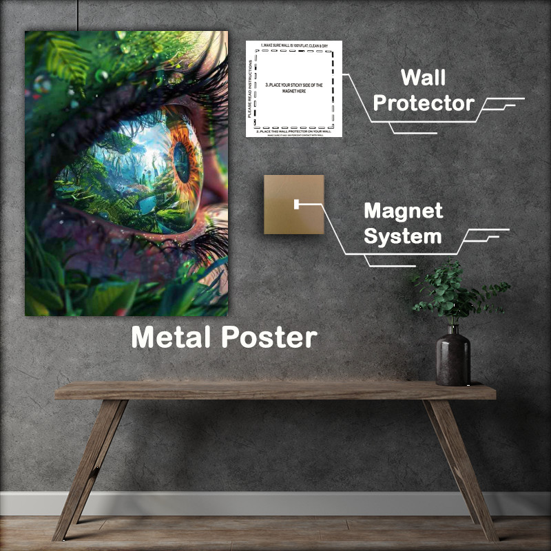 Buy Metal Poster : (Closeup of an eye reflects the vibrant colors and jungle)