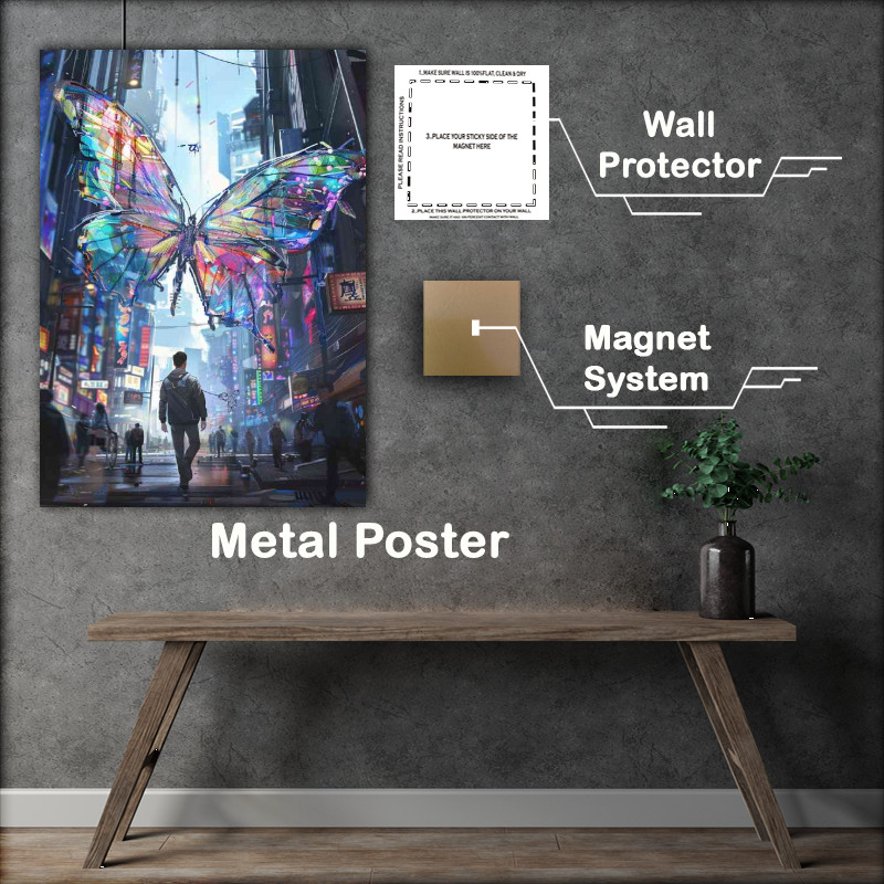 Buy Metal Poster : (Man walks down the street with colorful butterfly)